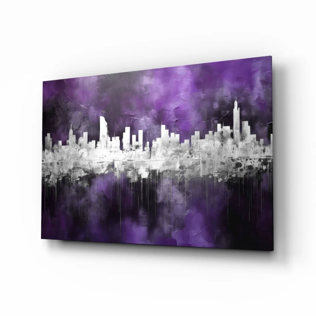 Purple black abstract cityscape wall art with skyscraper reflections
