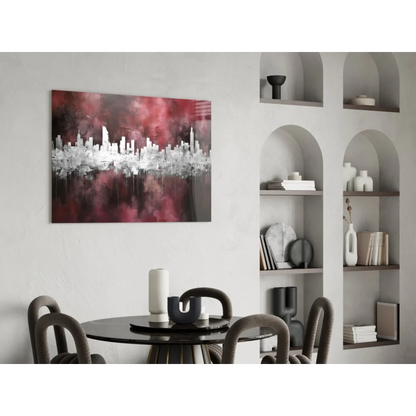 Vibrant red black glass wall art with white skyscraper silhouettes
