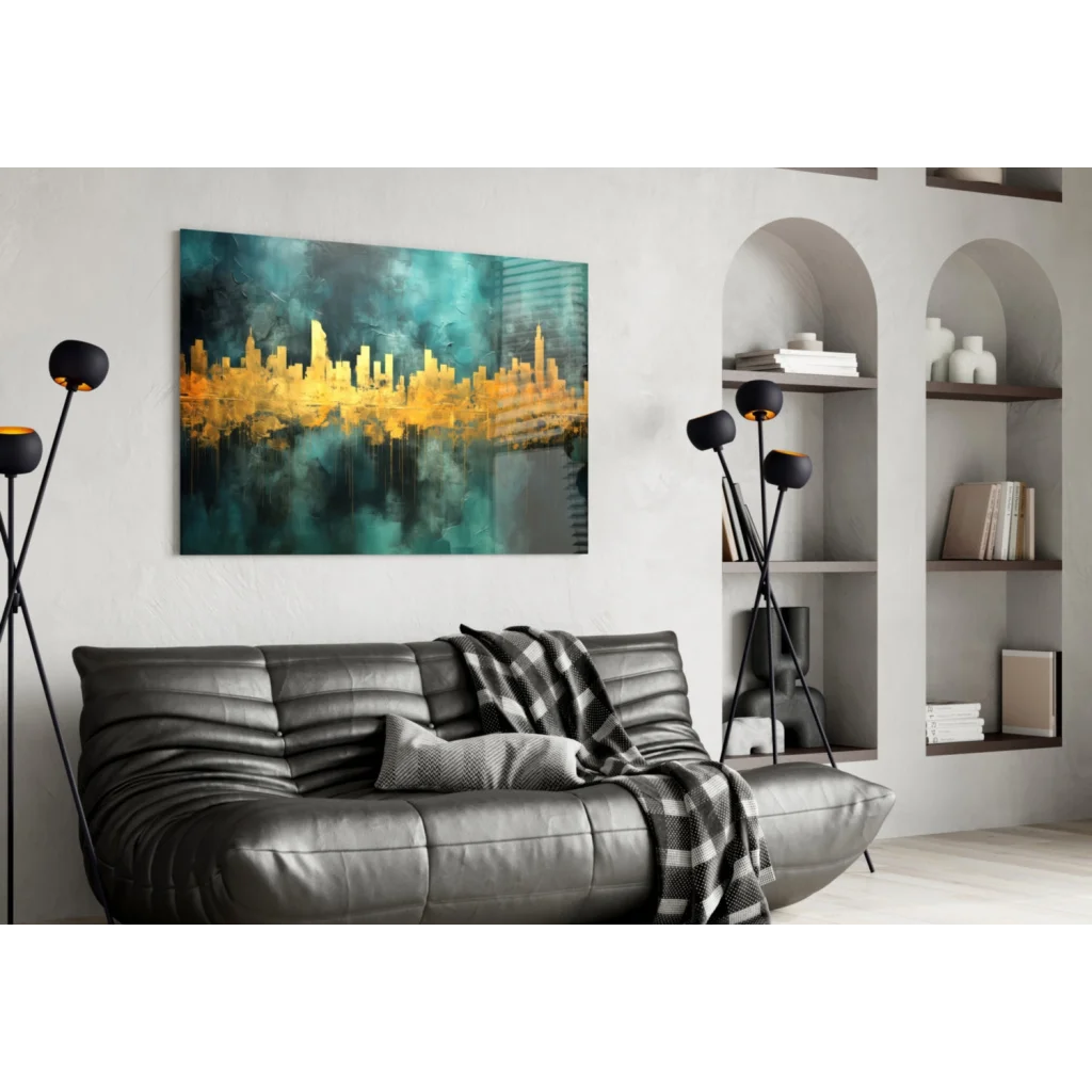 Golden Cityscape Teal Abstract Canvas Wall Art | Contemporary Home Wall Art | vintageantiquesgifts.com