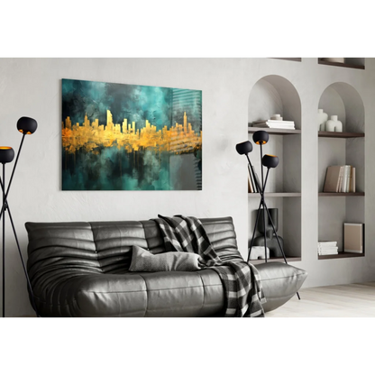 Golden Cityscape Teal Abstract Canvas Wall Art | Contemporary Home Wall Art | vintageantiquesgifts.com