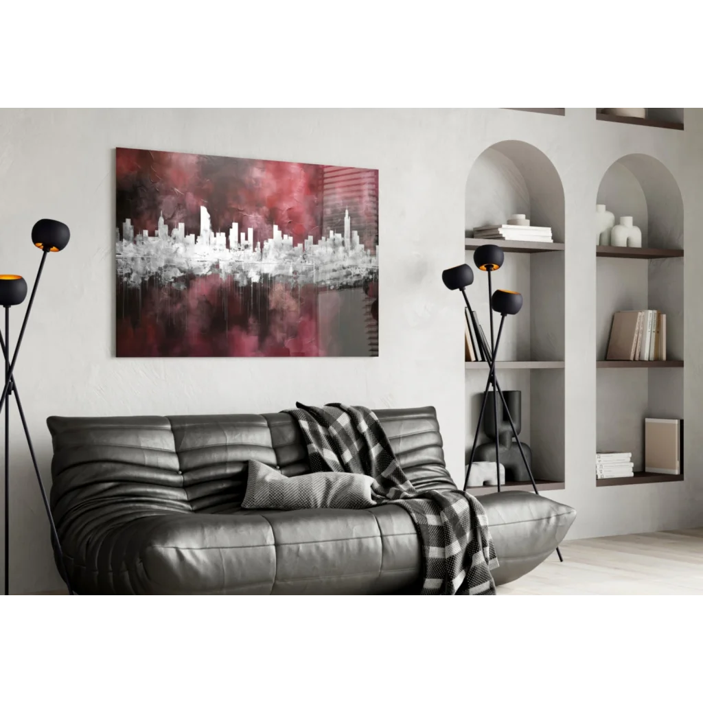 Black leather sofa with tufted cushions and plaid throw near urban skyline glass wall art