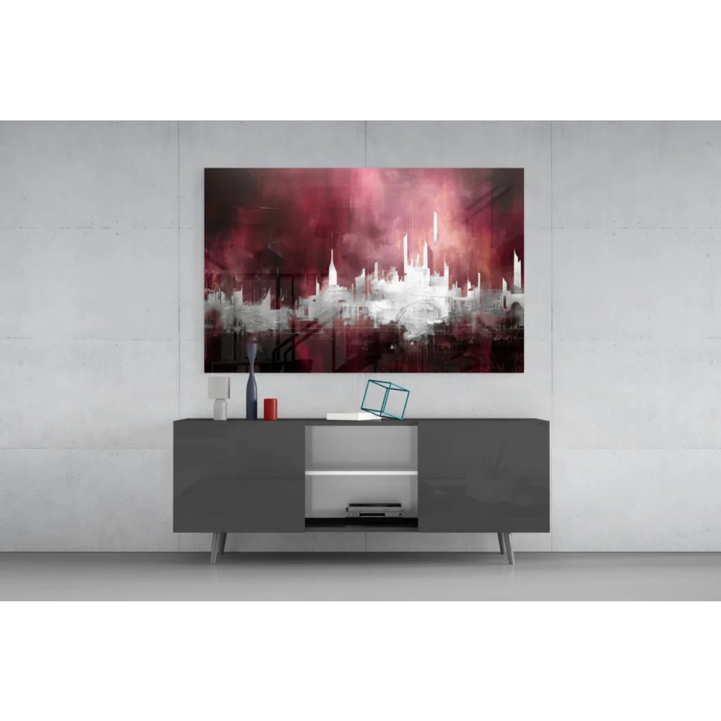 Bold red cityscape glass wall art with abstract texture silhouette