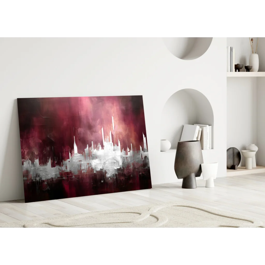 Red cityscape glass wall art with bold abstract texture