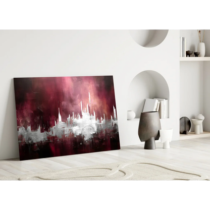 Red cityscape glass wall art with bold abstract texture