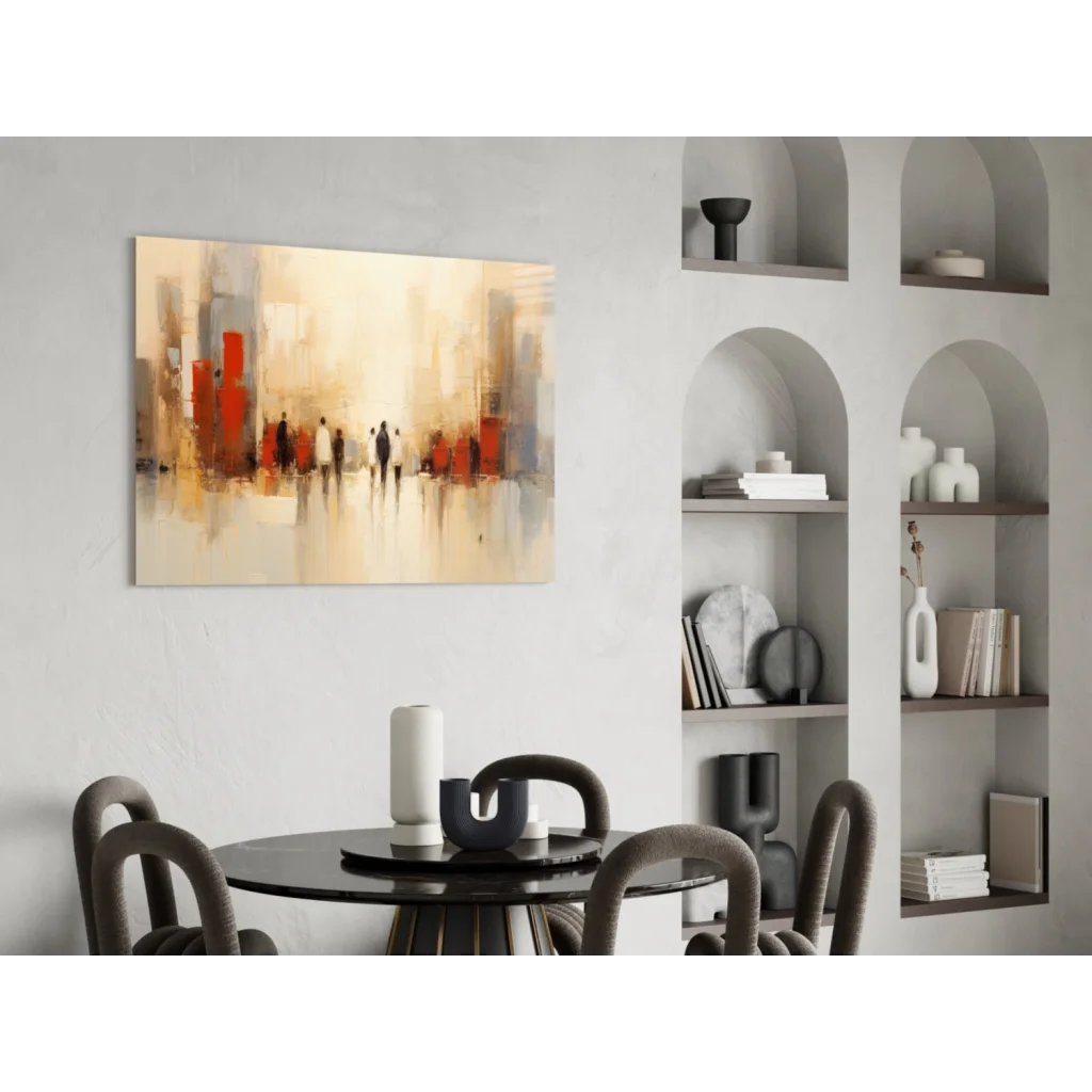 Bold red and beige urban figures glass wall art on dining wall