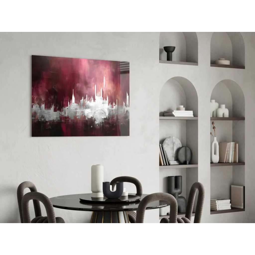Red cityscape glass wall art with bold abstract texture on dining wall