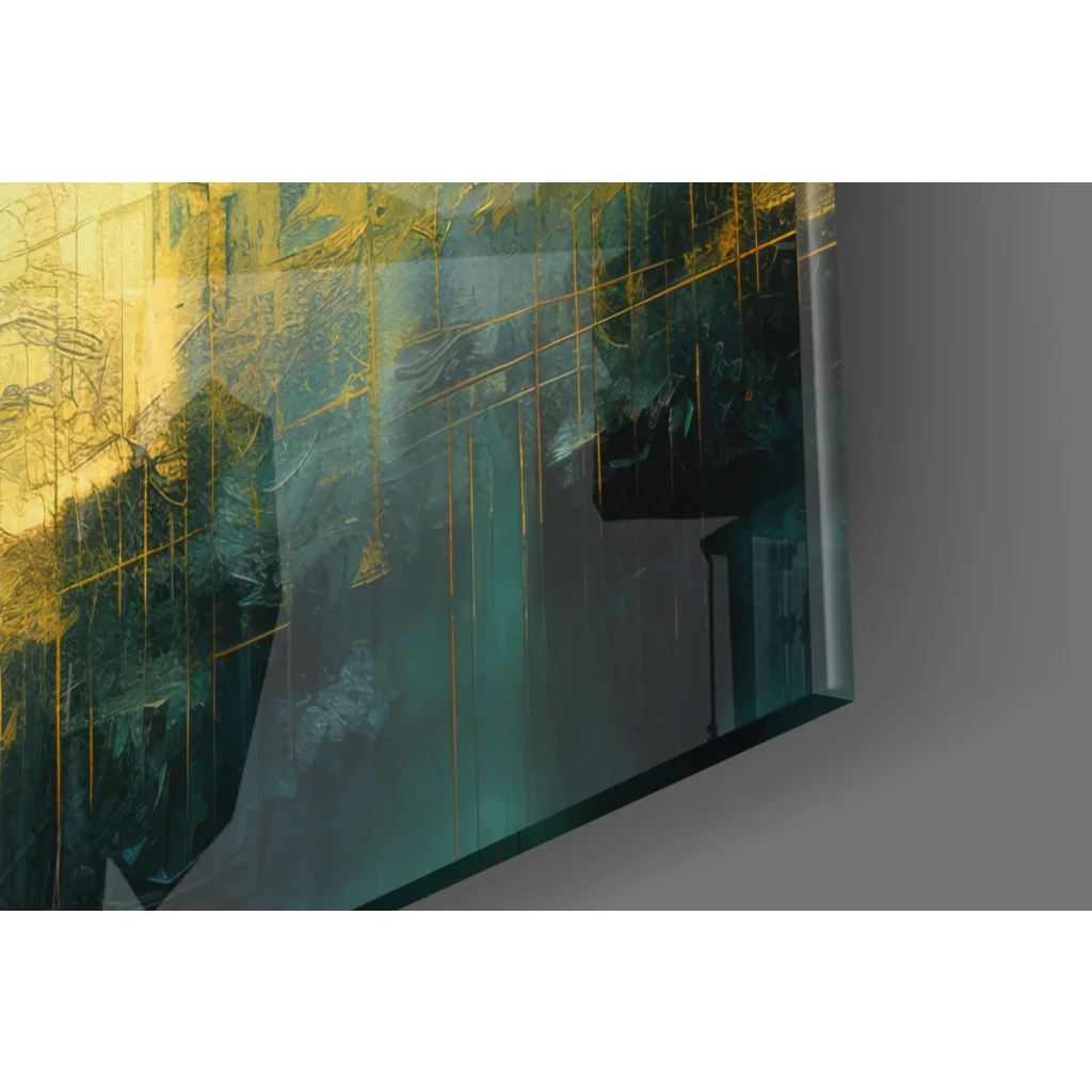Teal canvas glass wall art with golden cityscape abstract brushstrokes