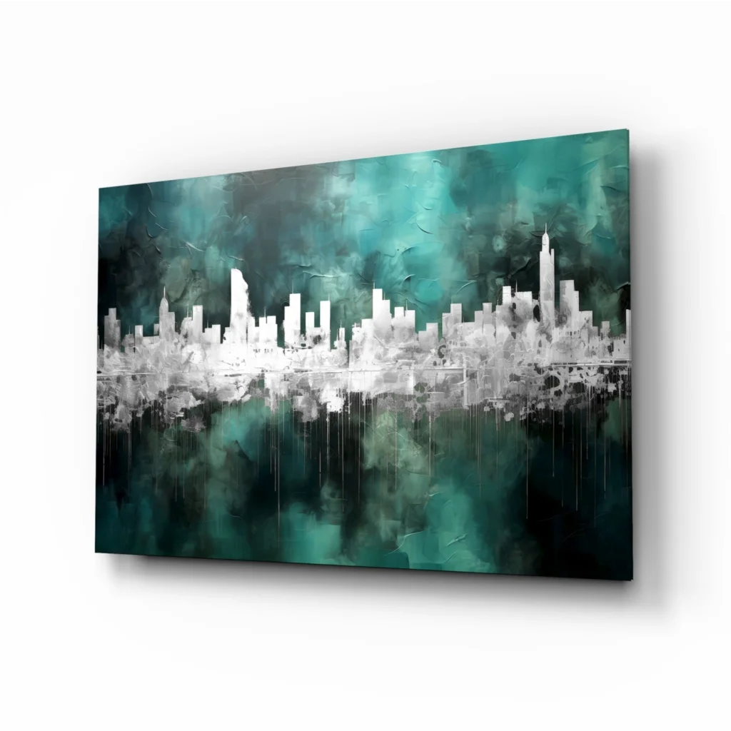 Stunning Teal Cityscape Glass Wall Art for Modern Spaces | Insigneart USA | vintageantiquesgifts.com