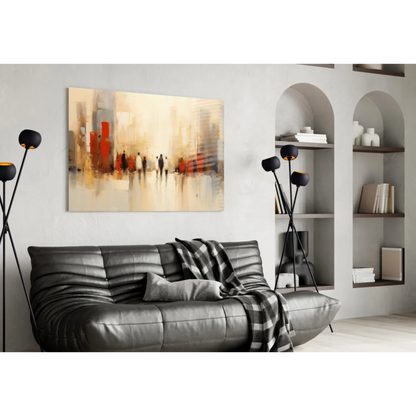 Abstract glass wall art of bold red beige cityscape with silhouetted figures
