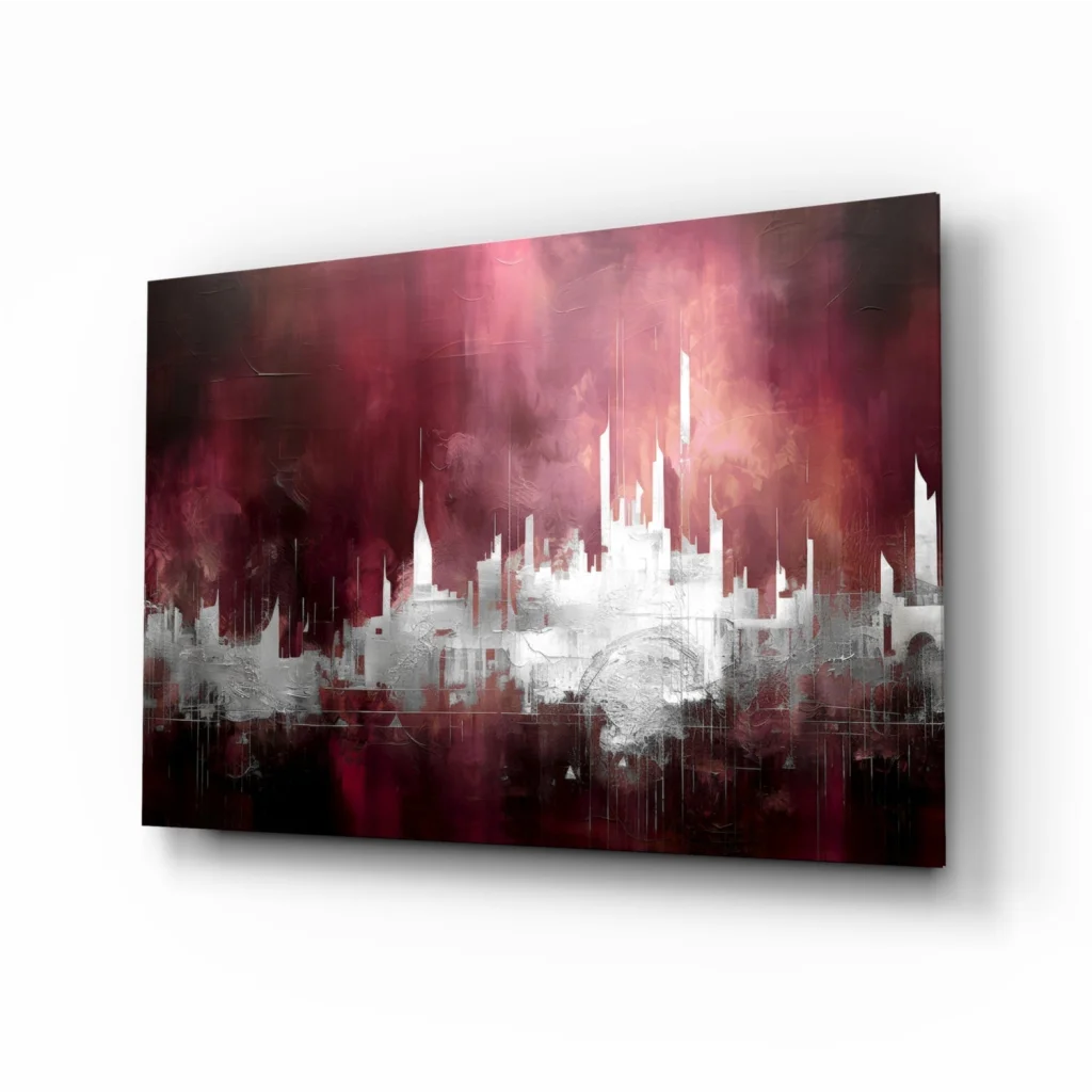 Bold red abstract cityscape glass wall art with textured layers