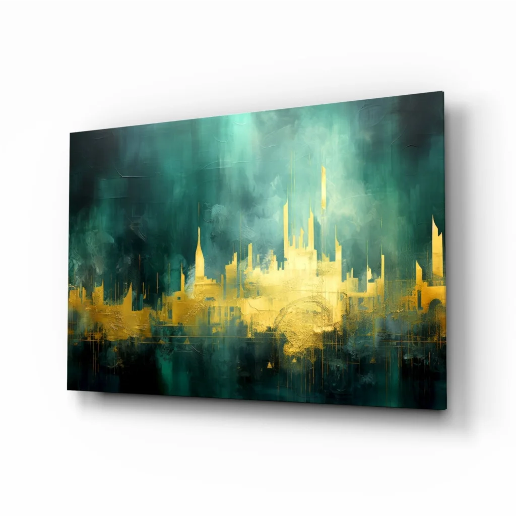 Golden cityscape glass wall art on teal canvas