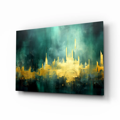 Golden cityscape glass wall art on teal canvas