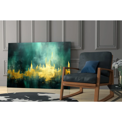 Modern teal cityscape glass wall art on canvas in gold hues