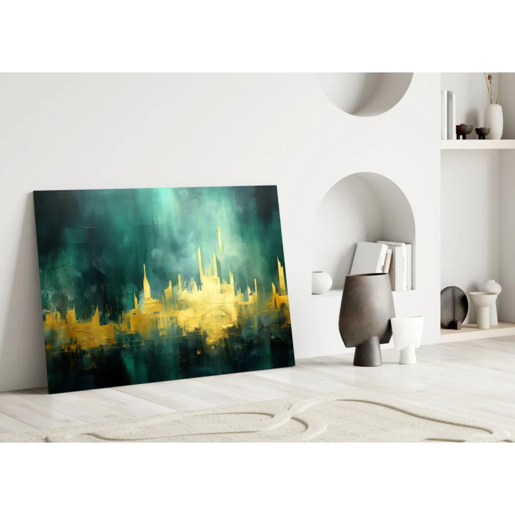 Golden cityscape glass wall art on teal canvas