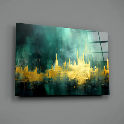 Golden cityscape glass wall art on teal canvas with abstract spires