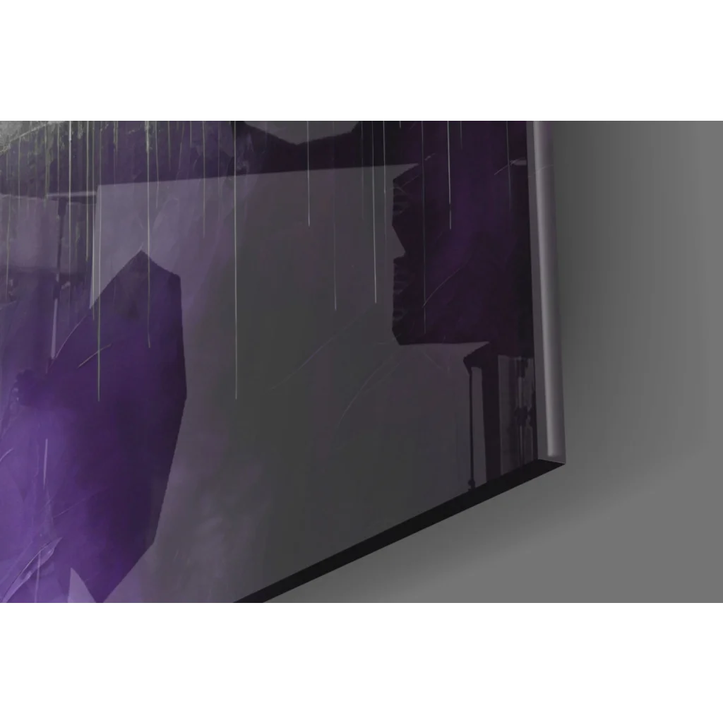 Modern TV displaying purple cityscape glass wall art with reflections