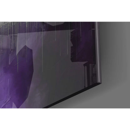 Modern TV displaying purple cityscape glass wall art with reflections