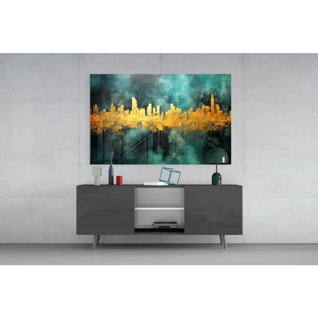 Vibrant gold teal abstract cityscape canvas wall art