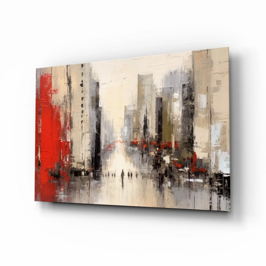 Bold red cityscape glass wall art canvas with modern urban skyline