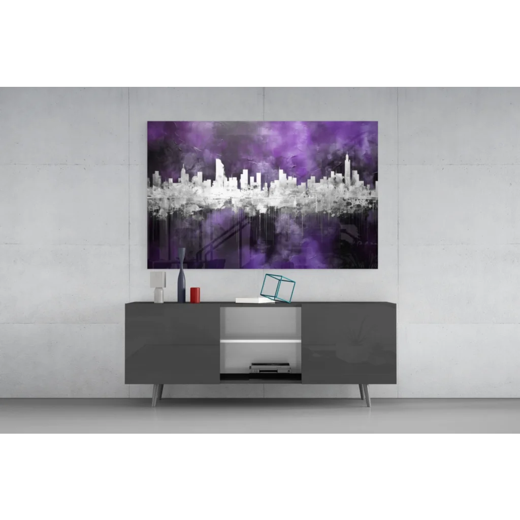 Purple cityscape wall art canvas with water reflections above gray console