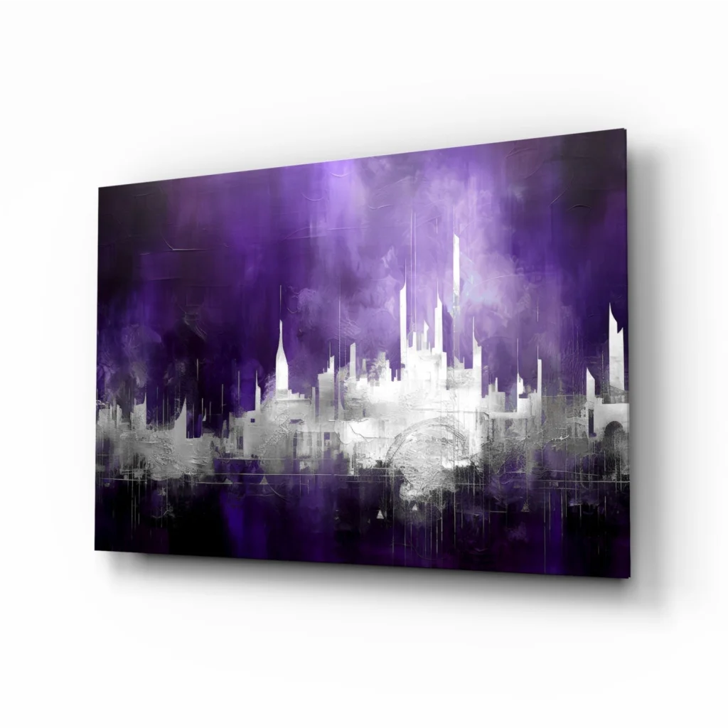 Purple cityscape glass wall art canvas in abstract style