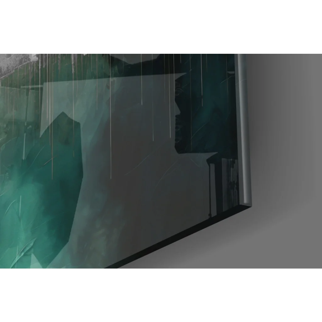 Stylized teal cityscape glass wall art in rainy frame