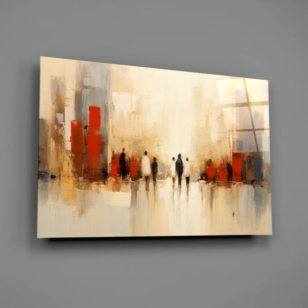 Bold red and beige urban figures glass wall art abstract cityscape