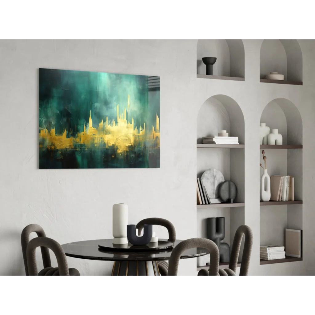 Vibrant teal and gold glass wall art on canvas, textured cityscape