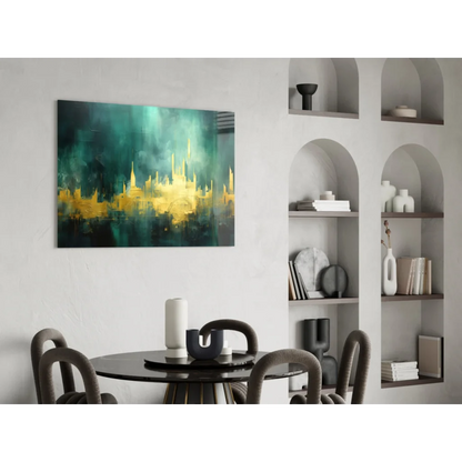 Vibrant teal and gold glass wall art on canvas, textured cityscape