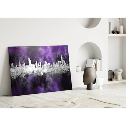 Purple and white abstract cityscape wall art canvas with water reflections