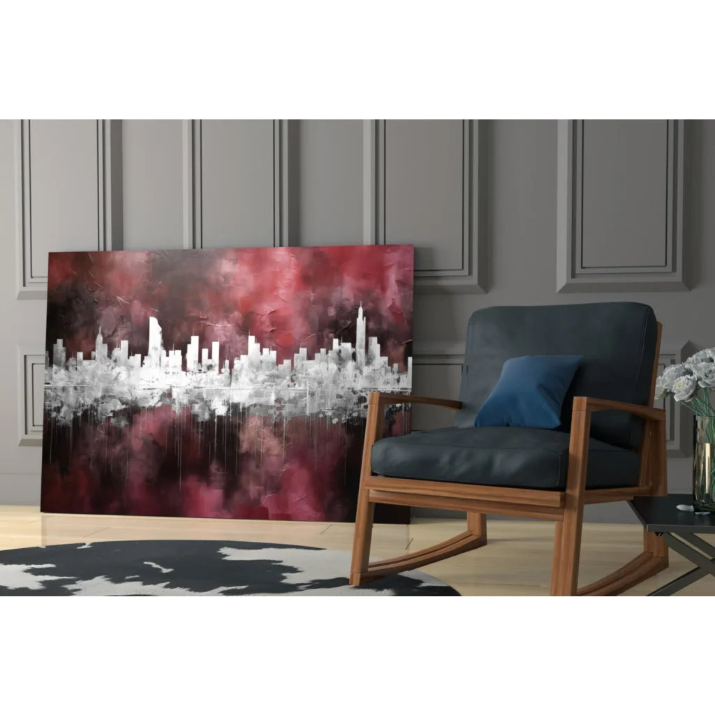 Bold red and black glass wall art of abstract cityscape on gray wall