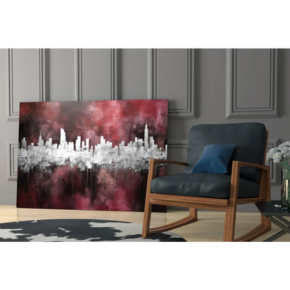 Bold red and black glass wall art of abstract cityscape on gray wall