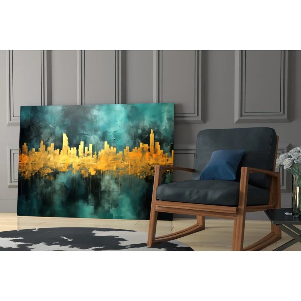 Vibrant golden cityscape teal abstract wall art canvas