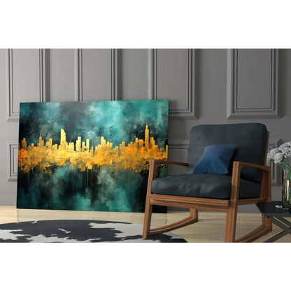 Vibrant golden cityscape teal abstract wall art canvas