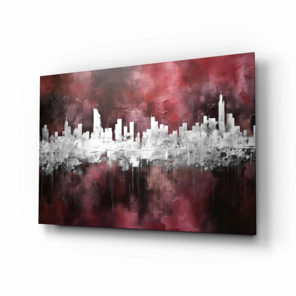Urban skyline glass wall art with bold red black design