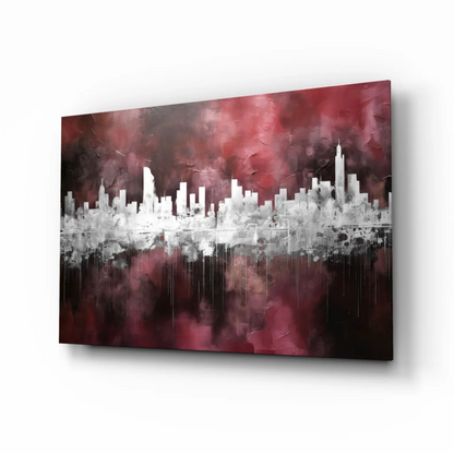 Urban skyline glass wall art with bold red black design