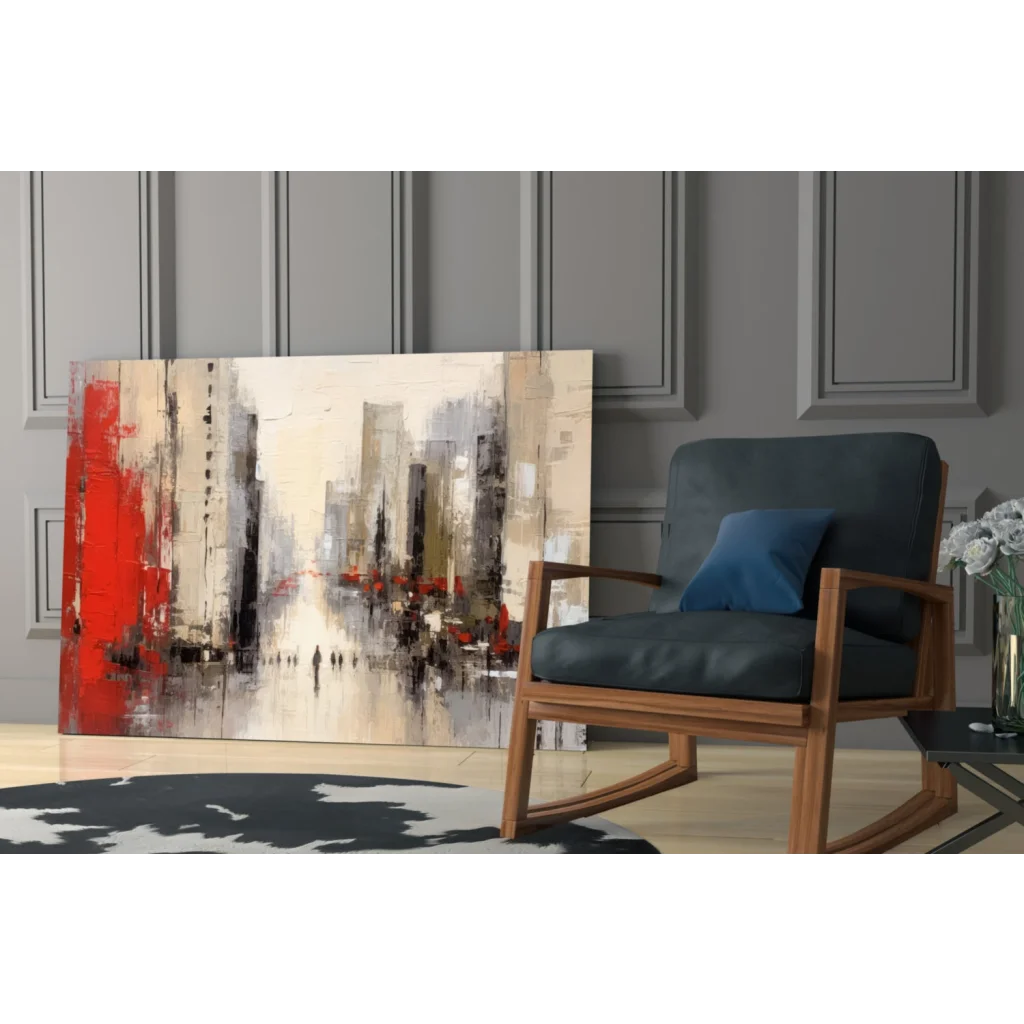 Bold red cityscape glass wall art canvas with black and beige brushstrokes