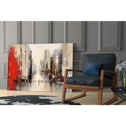 Bold red cityscape glass wall art canvas with black and beige brushstrokes