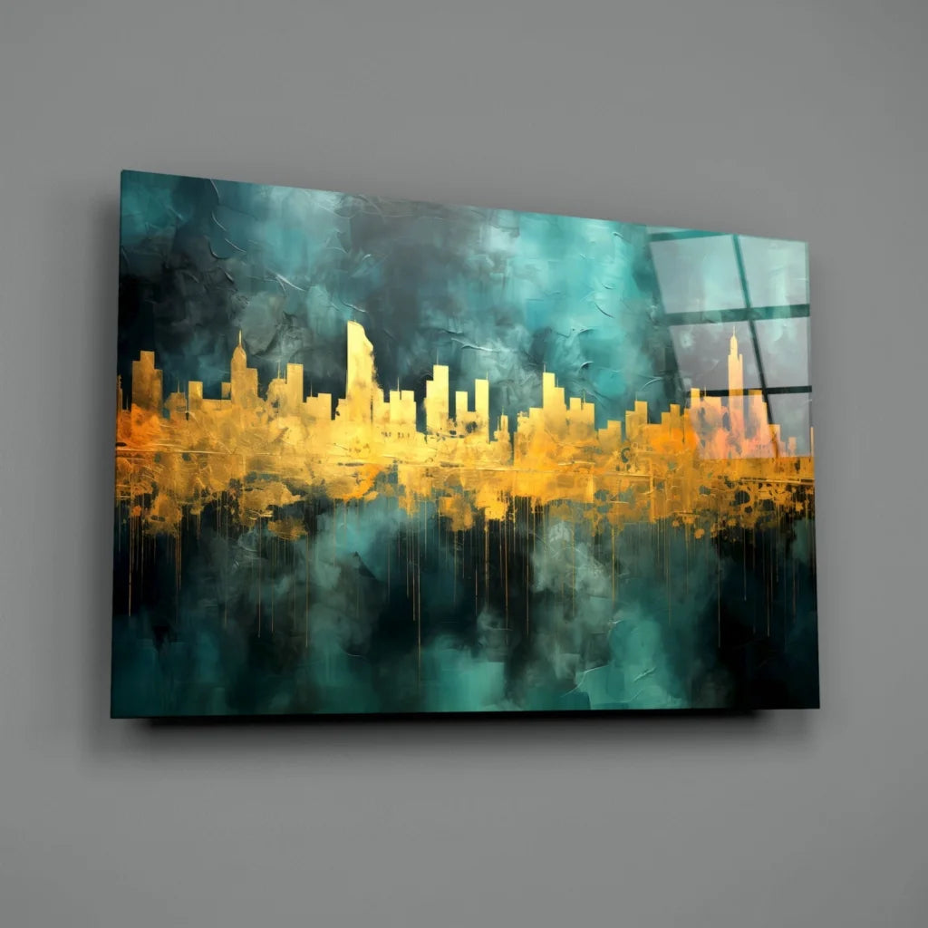 Golden Cityscape Teal Abstract Canvas Wall Art | Glass Wall Art Print | vintageantiquesgifts.com