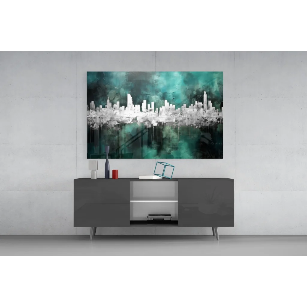 Teal and white abstract cityscape on stunning glass wall art