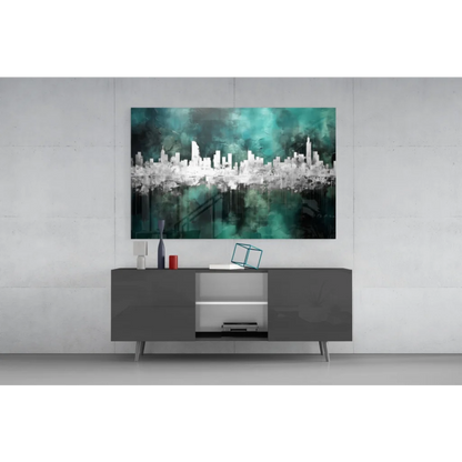 Teal and white abstract cityscape on stunning glass wall art