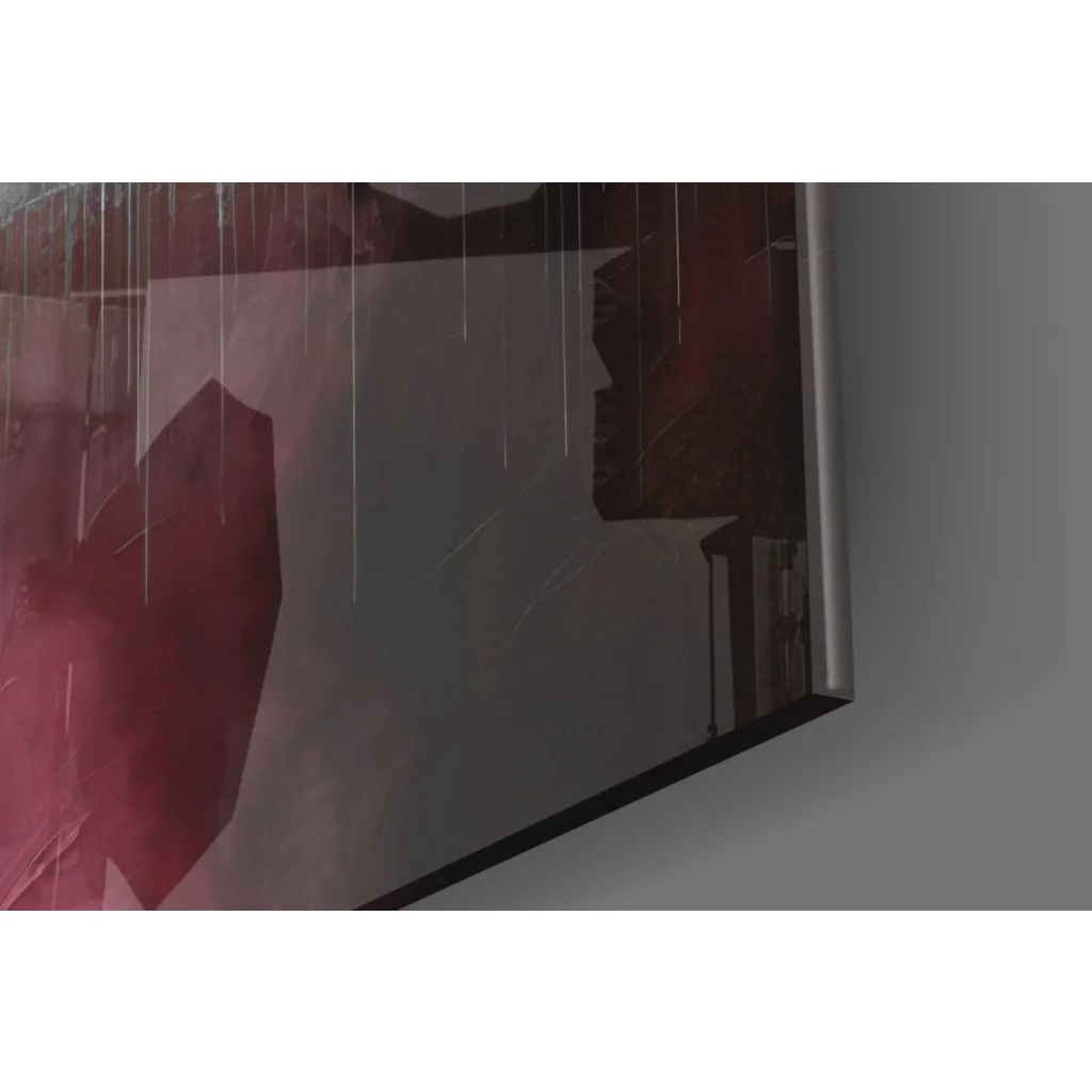 Framed glass wall art of moody rain over red and gray urban skyline