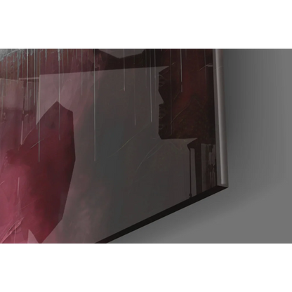 Framed glass wall art of moody rain over red and gray urban skyline