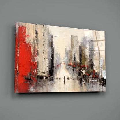 Bold red cityscape glass wall art canvas with black beige brushstrokes