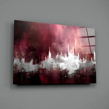 Bold red cityscape glass wall art with abstract white silhouettes