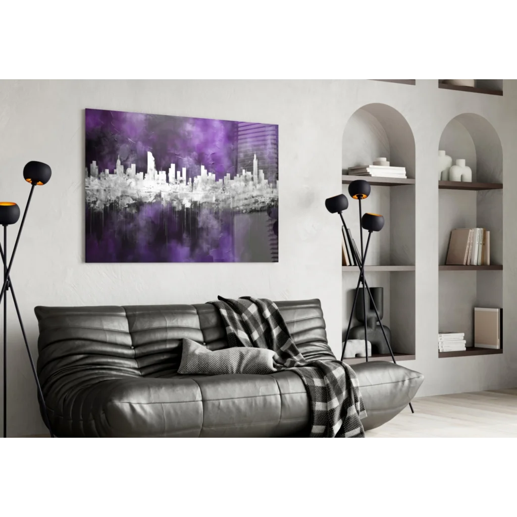 Purple and gray abstract cityscape wall art canvas with water reflections