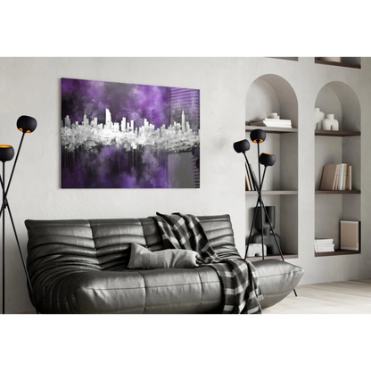 Purple and gray abstract cityscape wall art canvas with water reflections