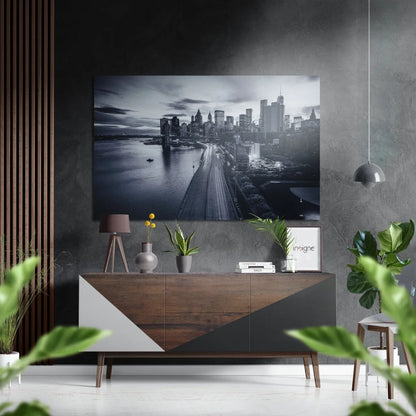 Black-and-white cityscape on brushed aluminium dibond, waterfront skyline with lights