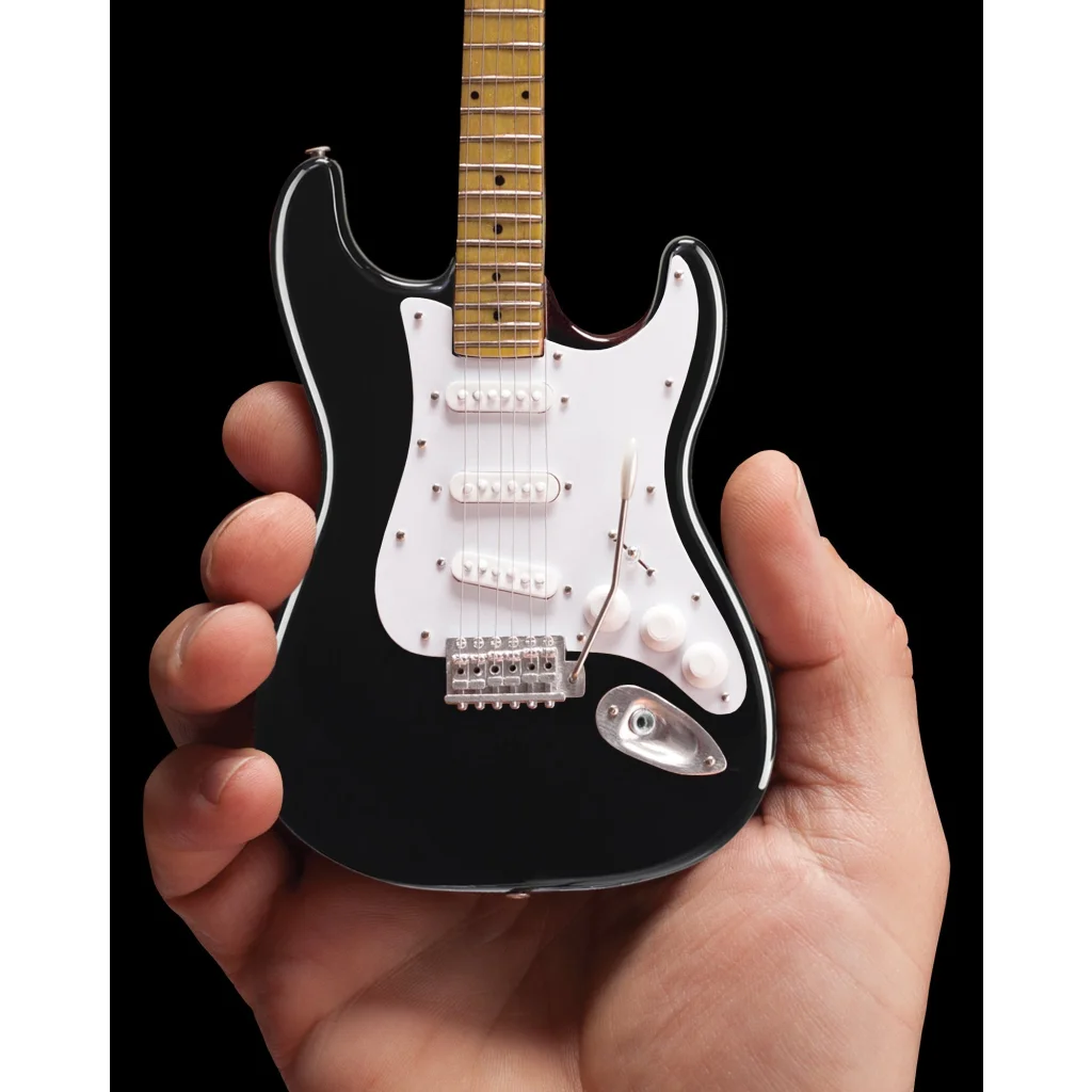 Classic Black Fender Strat mini guitar model with maple neck, silver hardware, and adjustable A-frame stand