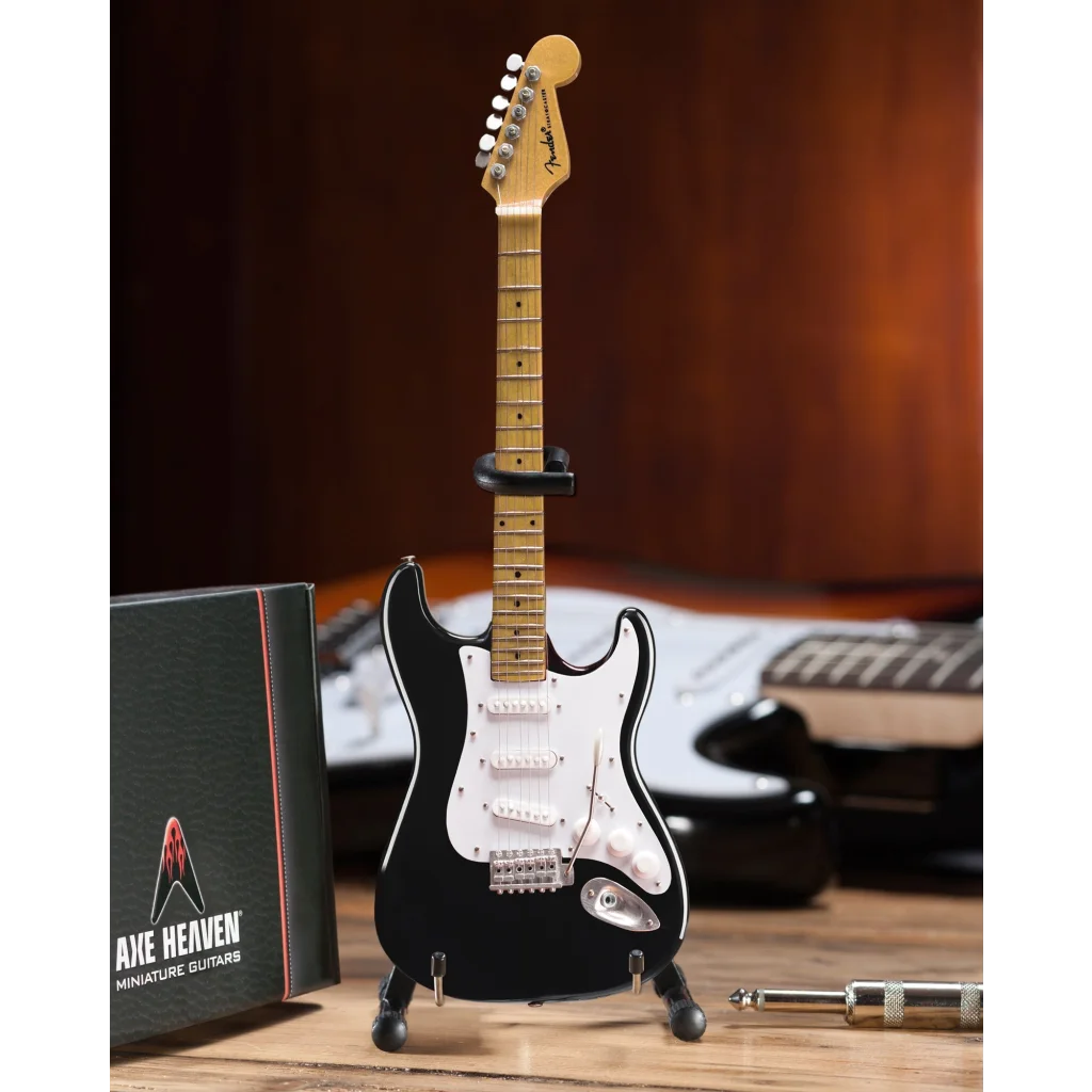 Black Fender Strat mini guitar with adjustable A-frame stand